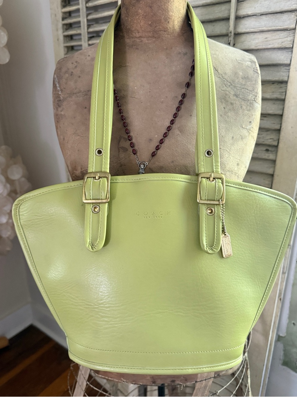 Vintage Coach New York Lime Green Leather Shoulder Bag with Gold Hardware